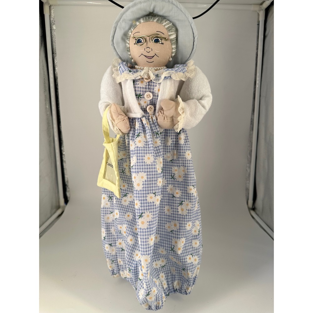 Vintage Granny Plastic Bag Holder Kitchen Organizer Doll Blue Gingham Daisy 21"